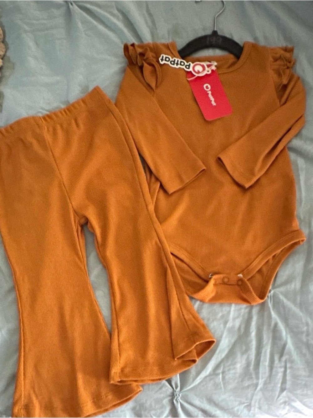 12-18 months PatPat Rust Ribbed Ruffle Shoulder Bodysuit with Flare Pants